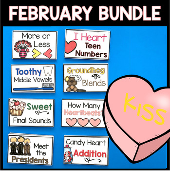 Preview of Valentine's Day Task Cards Kindergarten Centers Pocket Chart Cards Phonics Math