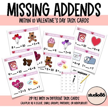 Preview of Valentine's Day Task Cards Missing Addends Within 10 - Studio 86 Designs