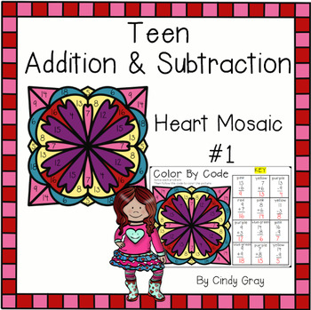 Preview of Valentine's Day Teen Addition and Subtraction ~ Heart Mosaic #1