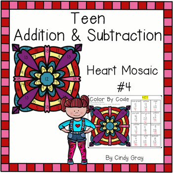 Preview of Valentine's Day Teen Addition and Subtraction ~ Heart Mosaic #4