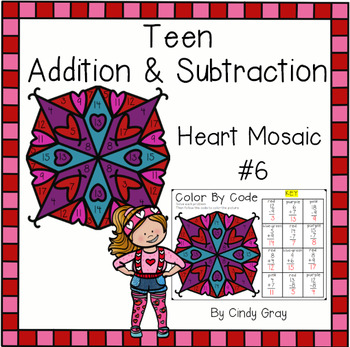 Preview of Valentine's Day Teen Addition and Subtraction ~ Heart Mosaic #6