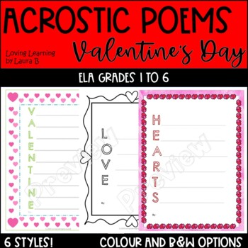 Preview of Valentine's Day Themed Acrostic Poem Templates - Grades 1 to 6 Differentiated