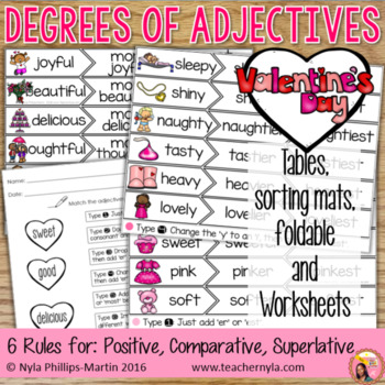 Preview of Valentine's Day Themed Degrees of Adjectives Worksheet Tables, and Sorting Mats