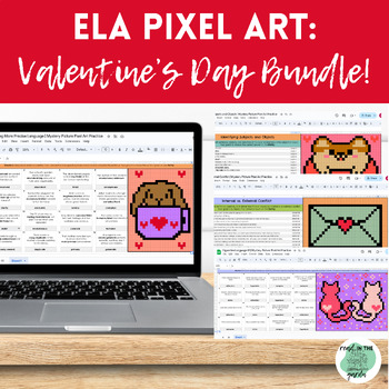 Preview of Valentine's Day Themed ELA Pixel Art Bundle | Mystery Picture Pixel Art Practice