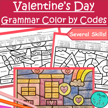 Preview of 3rd Grade Valentine's Day Grammar Parts of Speech Review Color by Code Activity