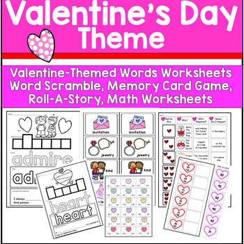 Preview of Valentine's Day Themed Words, Memory Game, Math Worksheets, Roll A Story