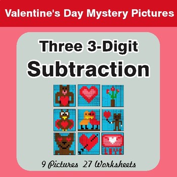 Valentine's Day: Three 3-Digit Subtraction - Color-By-Number Math Mystery Pictures
