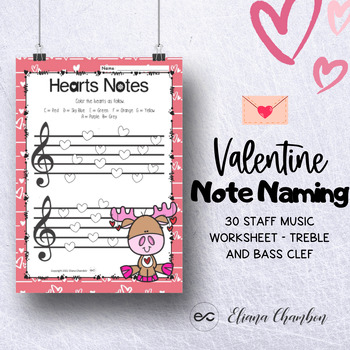 Preview of Valentine's Day - Treble and Bass Clef Note Naming - Staff Music Worksheet