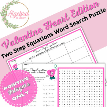 Preview of Valentine's Day // Two Step Equations - Positives Only// Math Word Search Puzzle