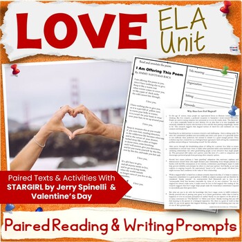 Preview of Valentine's Day Unit - Bell Ringers, ELA Paired Reading Packet, Writing Prompts