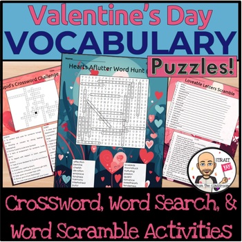 Preview of Valentine's Day Vocab Puzzles: Crossword, Word Search & Word Scramble Activities