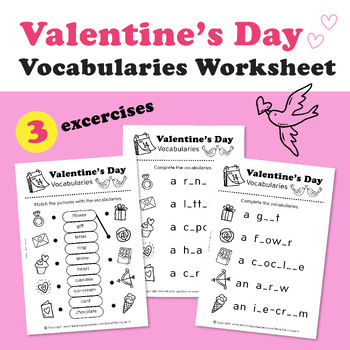 Preview of Valentine's Day Vocabularies Worksheet and Cute Coloring Pages