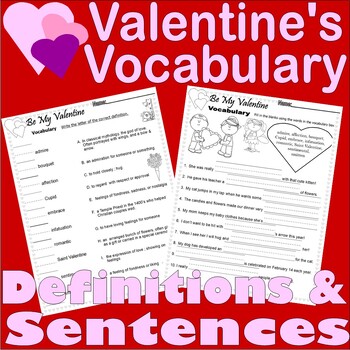 Preview of Valentine's Day Vocabulary Activities Worksheets NO PREP Definitions & Sentences
