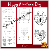 Valentine’s Day Word Search, Math Worksheets and Mazes K-1st
