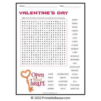 Valentine's Day Word Search Puzzle - No Prep Activity Printable PDF