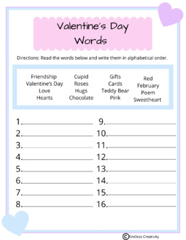 Preview of Valentine's Day Words in Alphabetical Order