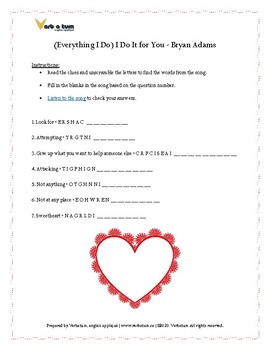 Preview of Valentine's Day Worksheet: (Everything I Do) I Do It for You - Bryan Adams