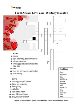 Preview of Valentine's Day Worksheet: I Will Always Love You - Whitney Houston Crossword