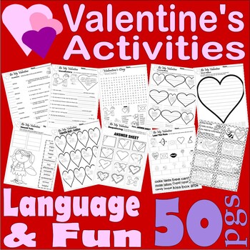 Preview of Valentine's Day Worksheets Vocabulary Word Search Literacy Math Cards NO PREP