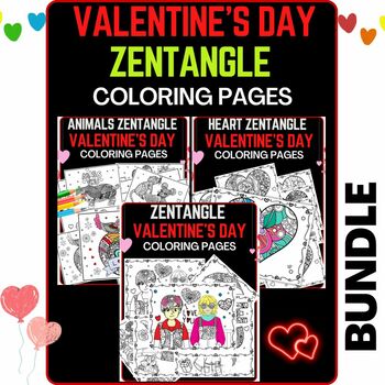 Preview of Valentine’s Day Zentangle Coloring Sheets ,Mindfulness Stress Relief BUNDLE