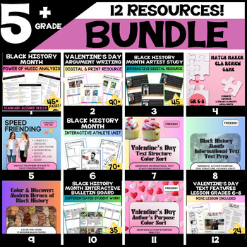 Preview of Valentine's Day and Black History Month Middle School ELA Bundle Grades 5-8