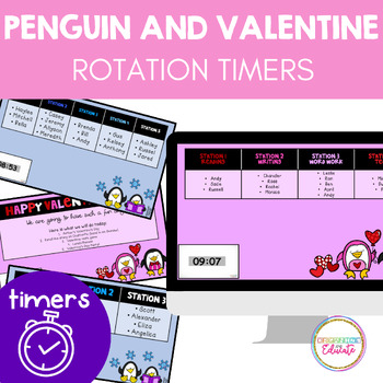 Preview of Valentine's Day and Penguin Winter Center Rotation Slides with Timers