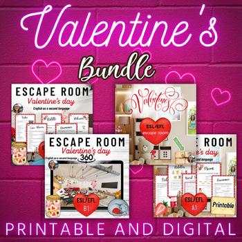 Preview of Valentine's Day bundle digital and printable ESL/EFL A1, B1 4 escape rooms