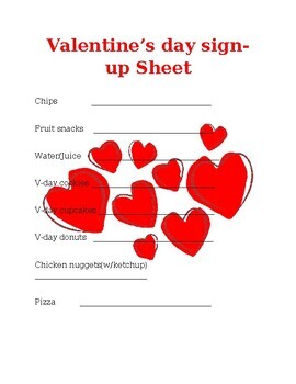 Preview of Valentine's Day classroom party sign up sheet