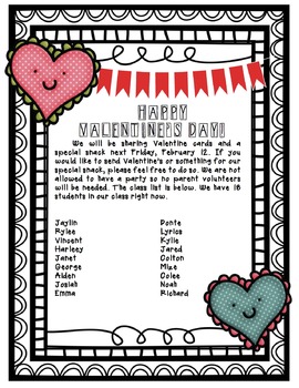 Preview of Valentine's Day parent letter & card list