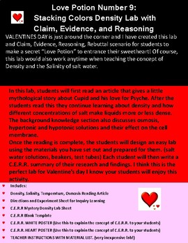 Preview of Valentine Science Density Lab withClaim, Evidence, Reasoning and Rebuttal