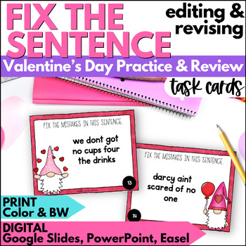 Preview of Valentine's Day Sentence Editing & Revising Task Cards - Correct the Sentence