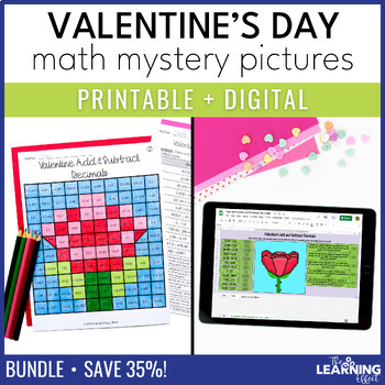 Preview of Valentine's Day Math Activities Mystery Picture & Pixel Art BUNDLE | Fractions