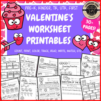 Preview of Valentine's Math + Literacy Worksheets PreK Kindergarten First Grade TK UTK
