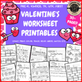 Valentine's Math + Literacy Worksheets PreK Kindergarten F