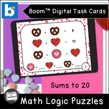 Preview of Valentine's Math Logic Puzzles Sums to 20 Digital Task Cards Boom Learning