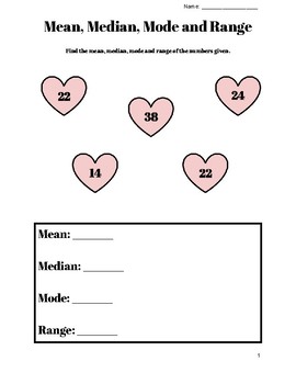 Preview of Valentine's Mean, Median, Mode and Range