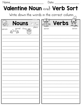 valentines noun and verb sort parts of speech worksheets by the