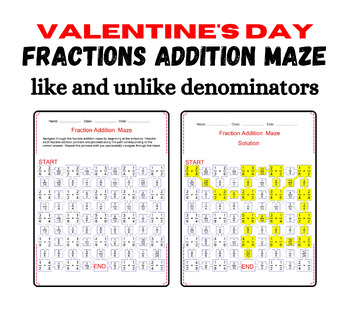 Preview of Valentine's day Fractions Addition Maze: Like & Unlike Denominators! No Prep