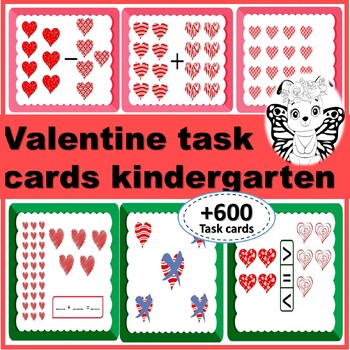 Preview of Valentine task cards kindergarten, add subtract and more + gift missing numbers