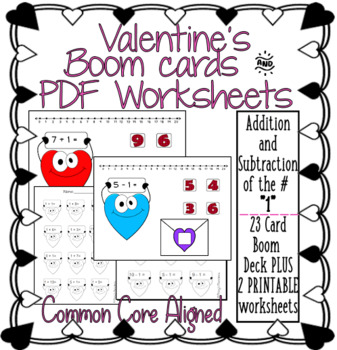 Preview of Valentine themed Add/Subtract to the number 1 {Boom Cards} - Distance Learning