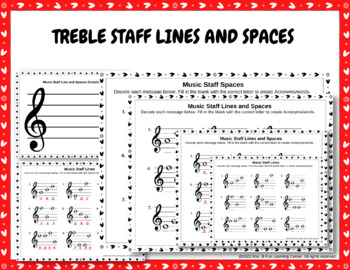 Preview of Valentine-themed Treble Staff Lines/Spaces Worksheets and more (also Digital)