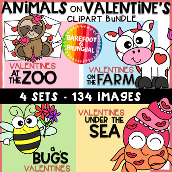Preview of Valentines Animals Clipart Bundle - Valentines Clipart Zoo, Farm, Ocean & Bugs
