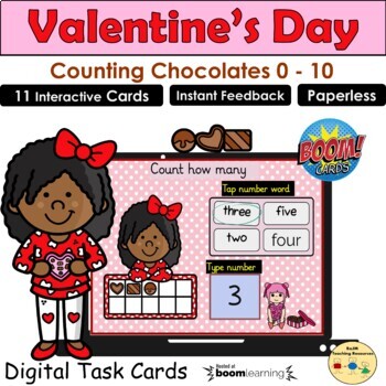 Preview of Valentines Counting to 10 Chocolates Ten Frames BOOM Cards Distance Learning