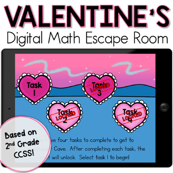 Preview of Valentine's Day 2nd Grade Digital Math Escape Room Review Center Activity