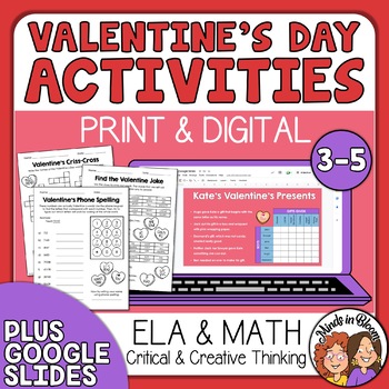 Preview of Valentines Day Math & ELA Worksheets Critical Thinking Activities February Fun