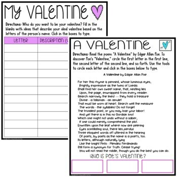 Valentines Day Activities Short Response Worksheets Edgar Allan Poe PDF