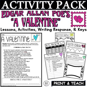 Preview of Valentines Day Activities Writing Worksheets Edgar Allan Poe Poetry Pack PDF