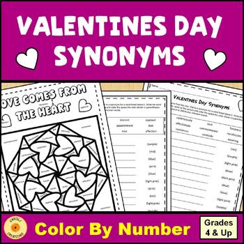 Preview of Valentines  Day Activity Color By Code Synonyms Worksheet