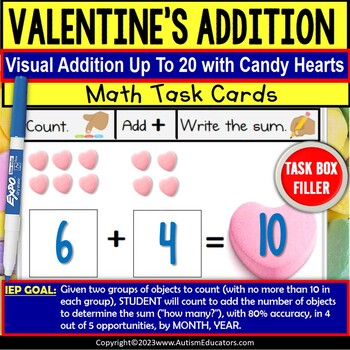 Preview of Valentines Day Addition Count Hearts Sums of 20 Task Box Filler for Autism