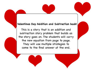 Preview of Valentines Day Addition and Subtraction book that builds from page to page.